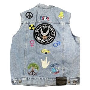 VINTAGE Harley-Davidson Denim Vest Light Wash Embroidered Patches Peace Love